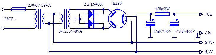 shema usmernika z elektonko (EZ80), dvema diodama in dvema transformatorjema