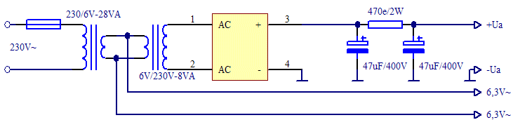 Usmernik z dvema transformatorjema in polprevodniki